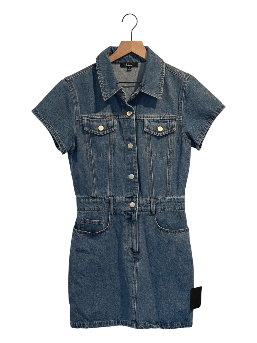 NWT Lulus Medium Wash Denim Mini Dress, Button Front, Short Sleeves, Size Small - Picture 2 of 16